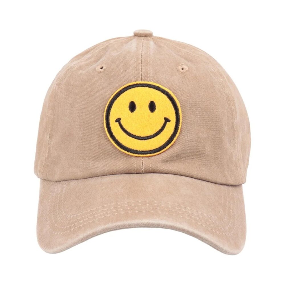 Tan Baseball Cap with Smiley Face Patch Y2K Retro Pop